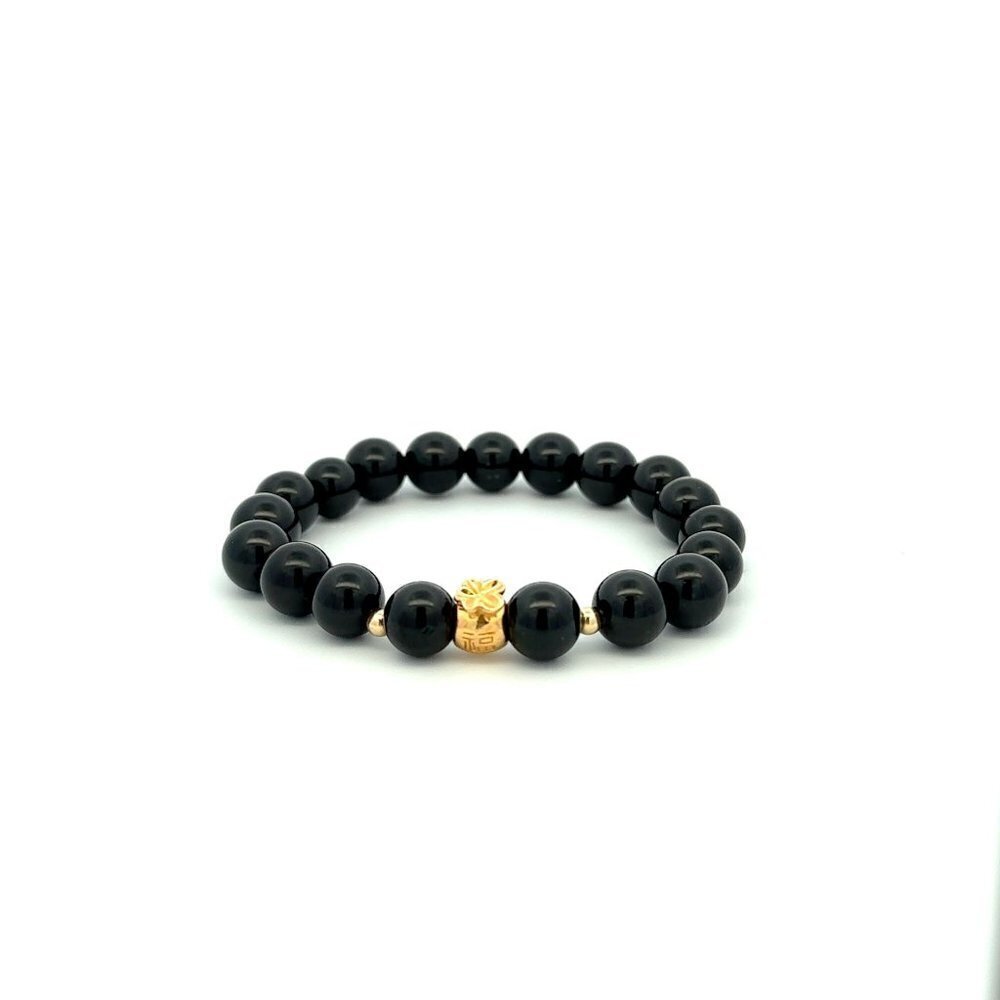 18K Gold Money Bag Lucky Bracelet Beads Gemstone Black Tourmaline 8mm